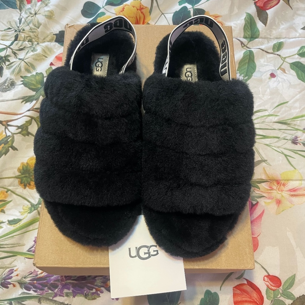 Black UGG Fluff Yeah Women Sandals Slides